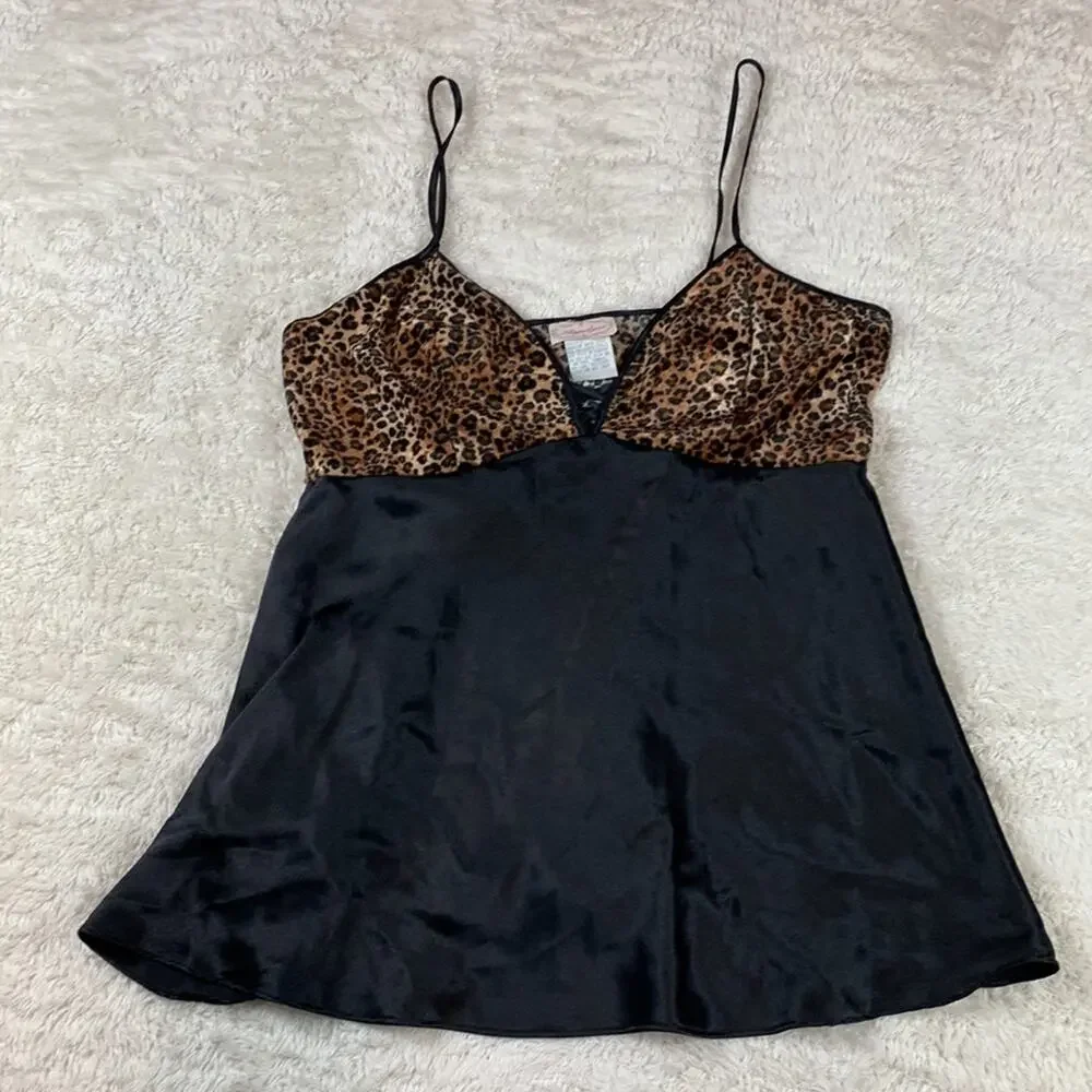 Vintage Angelique Leopard print and‎ black satin chemise slip, size Large - Picture 3 of 8